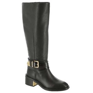 Vince Camuto Black Leather Heeled Boots with Gold Buckle
